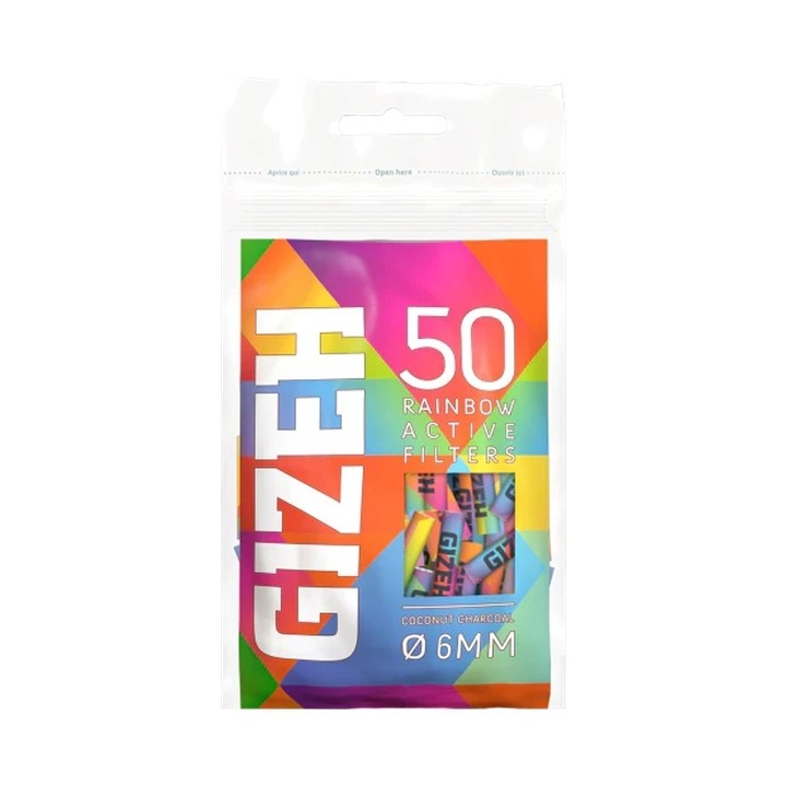 Gizeh Active Filter Rainbow 6mm – Kokos kömürlü, rəngli, aktiv filtr (50 ədəd)
